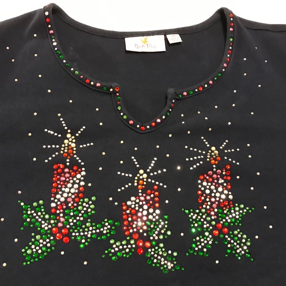 QF navy blue holiday 3/4 sleeve top with 3 blingy candles — sparkly! (2X) - Picture 7 of 16